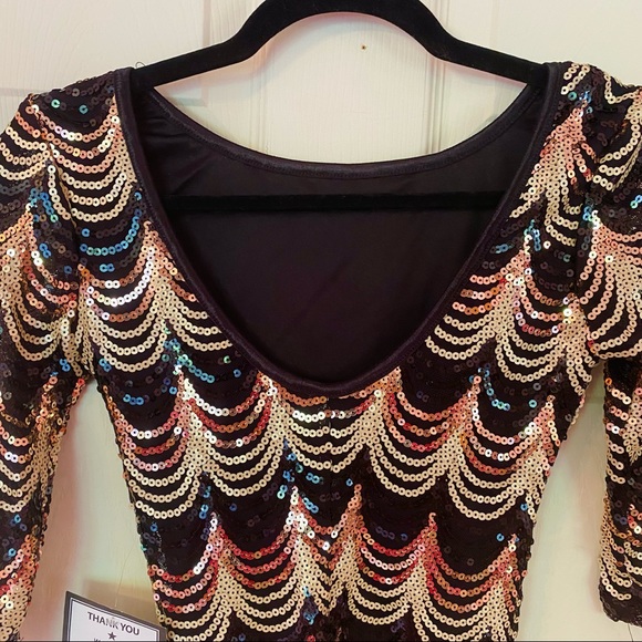 New nwt Sequin Black Gold Dress XS Crystal Doll Short Sleeve Prom homecoming - Picture 10 of 14